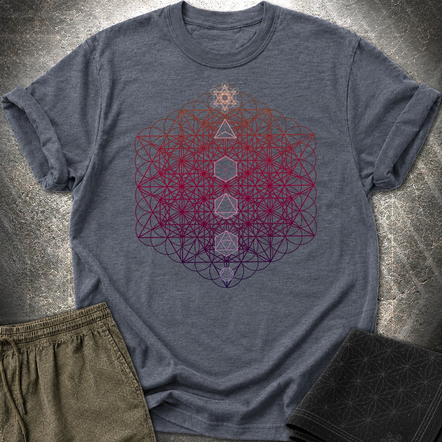 64 Tetrahedron Platonic Solids Metatron T-Shirt - 64 Tetrahedron Platonic Solids Metatron T-Shirt - Heather Navy
