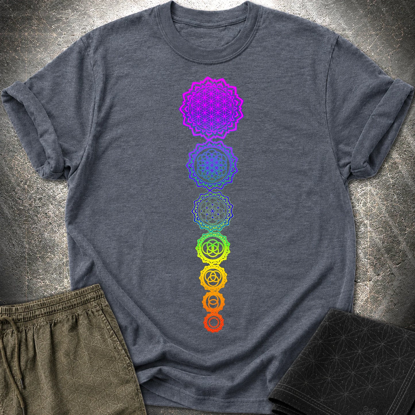 Flower Of Life Chakras T-Shirt - Flower Of Life Chakras T-Shirt - Heather Navy