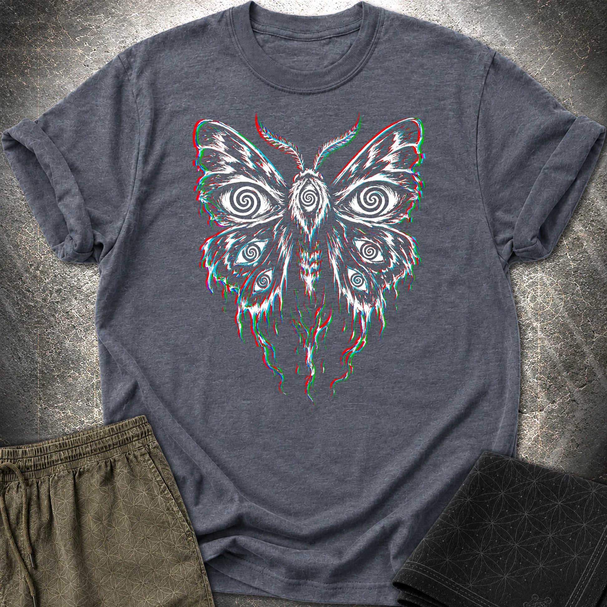 Hypnotic Eye Moth T-Shirt, Psychedelic Glitch Moth Shirt, Surreal Occult Graphic Tee - Hypnotic Eye Moth T-Shirt, Psychedelic Glitch Moth Shirt, Surreal Occult Graphic Tee - Heather Navy