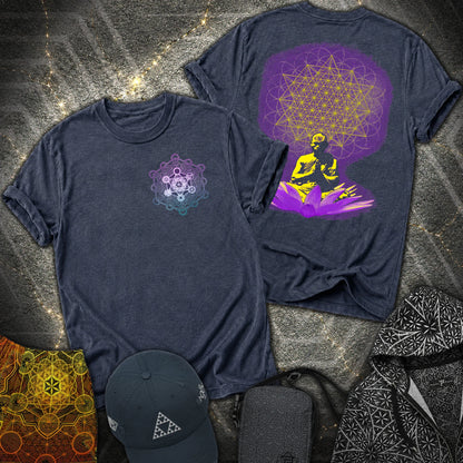 Meditating Monk Tetrahedron Metatron 2 Sided T-Shirt - Meditating Monk Tetrahedron Metatron 2 Sided T-Shirt - Heather Navy