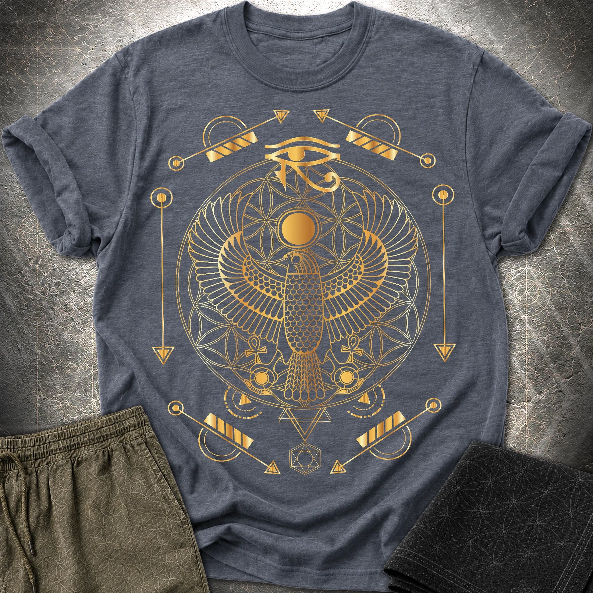 Falcon Flower Of Life Egypt T-Shirt - Falcon Flower Of Life Egypt T-Shirt - Heather Navy