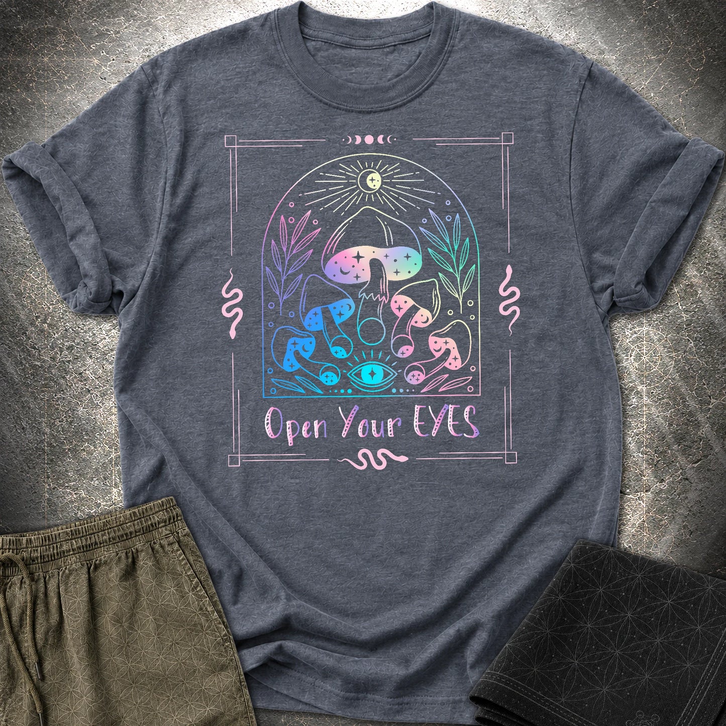Open Your Eyes Mushrooms T-Shirt - Open Your Eyes Mushrooms T-Shirt - Heather Navy