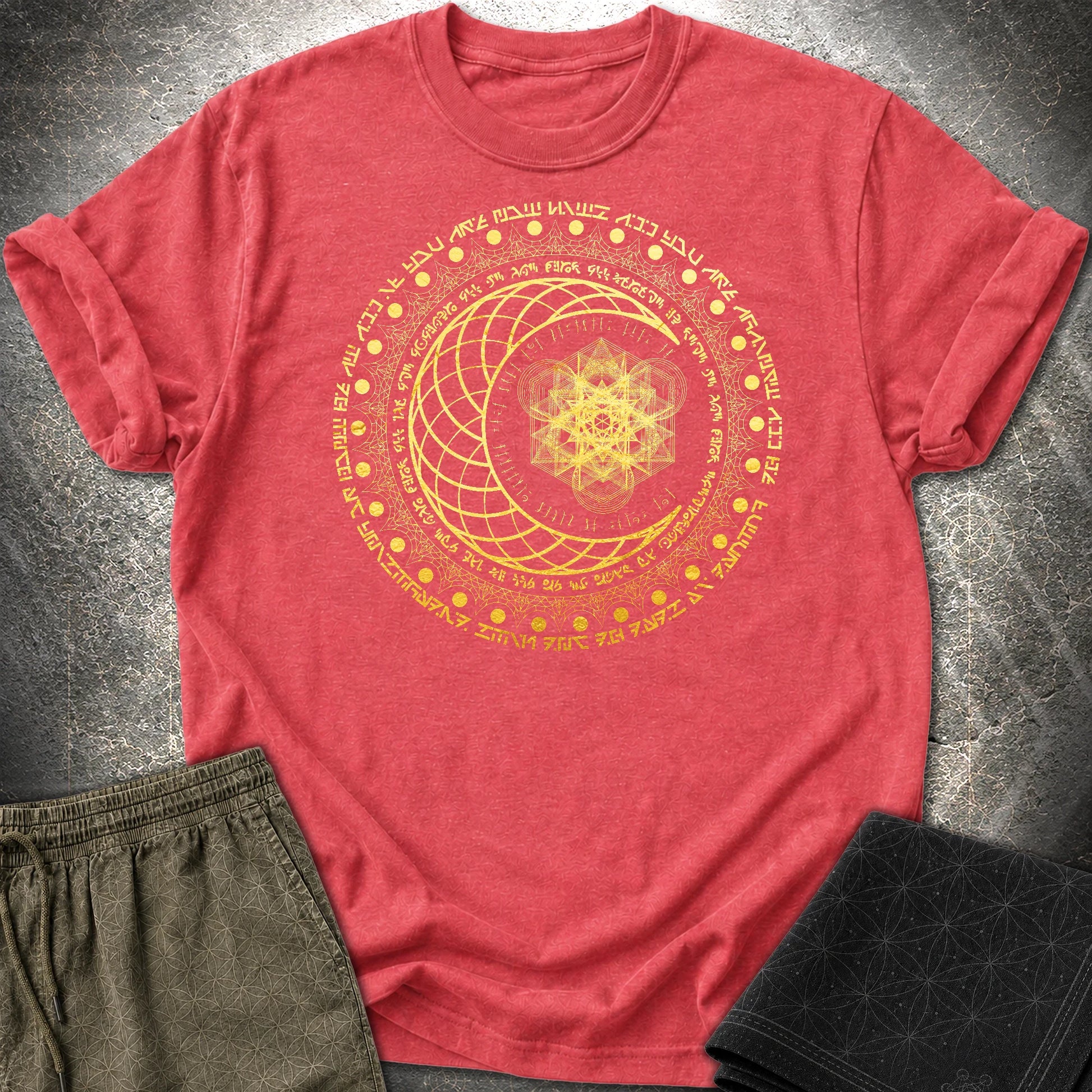 Sacred Geometry Moon Inscriptions T-Shirt - Sacred Geometry Moon Inscriptions T-Shirt - Heather Red
