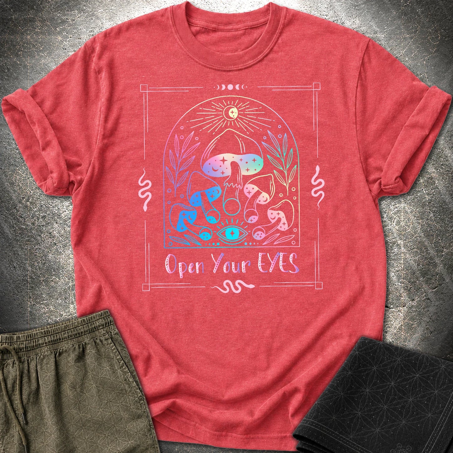 Open Your Eyes Mushrooms T-Shirt - Open Your Eyes Mushrooms T-Shirt - Heather Red