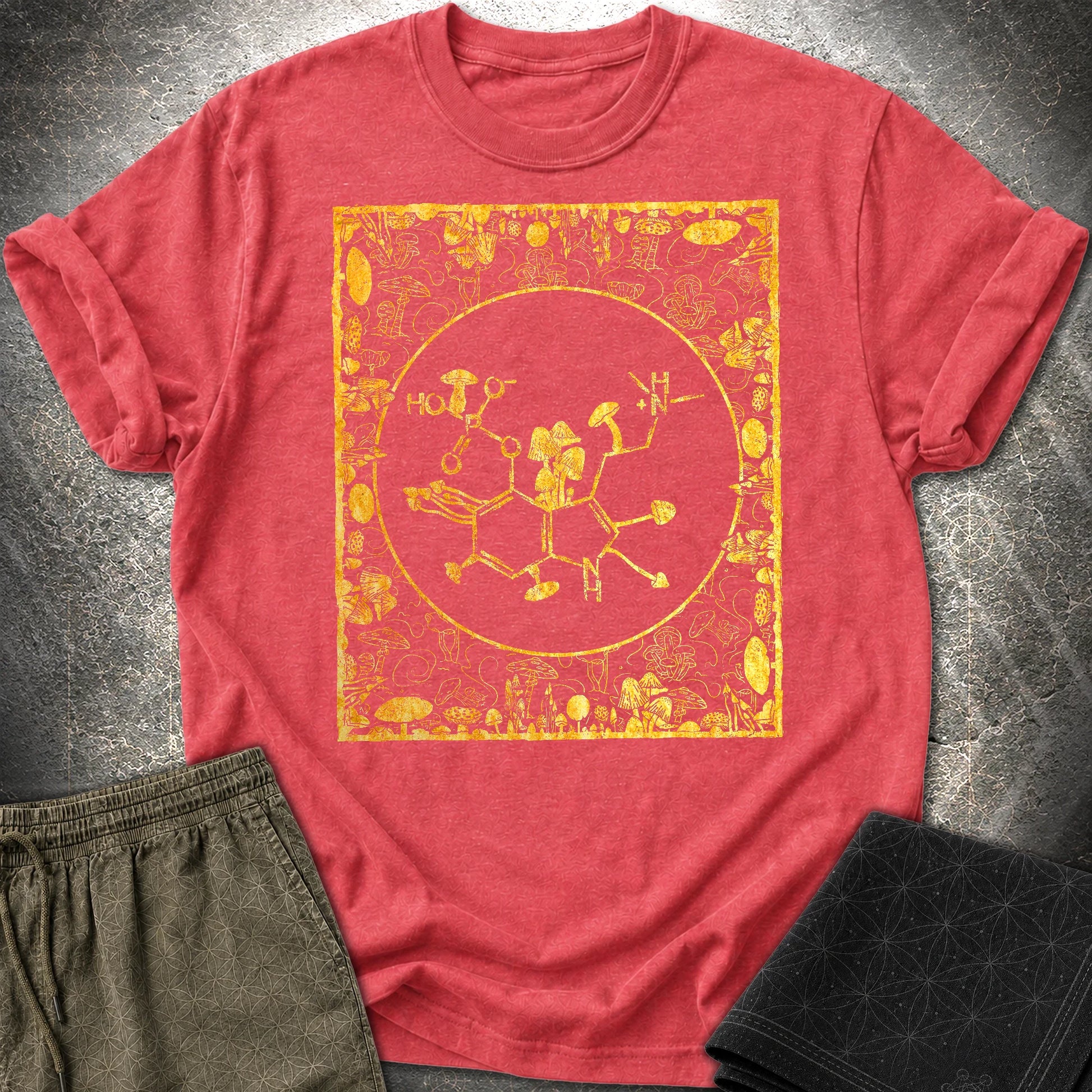 Psilocybin Molecule Mushroom Frame T-Shirt - Psilocybin Molecule Mushroom Frame  T-Shirt - Heather Red