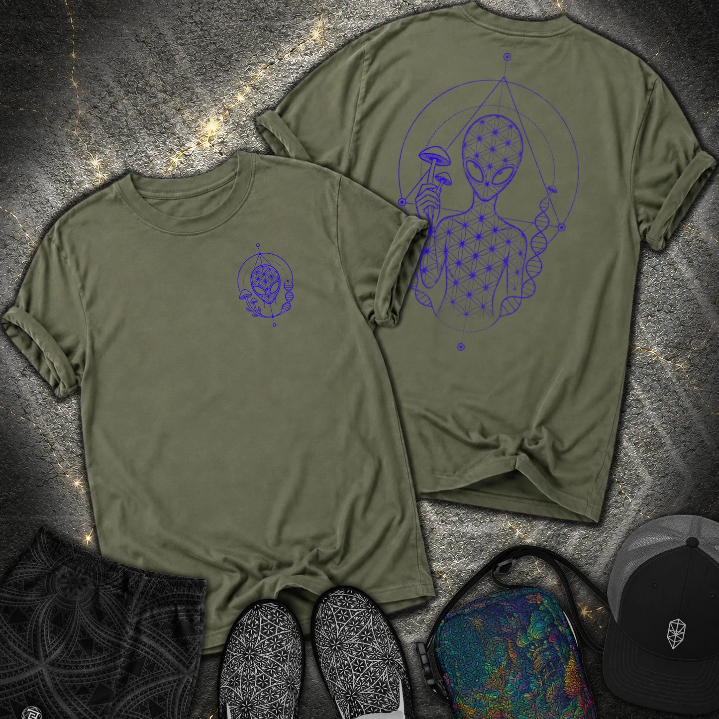 Alien Mushroom Shirt, Sacred Geometry Mushroom Alien 2 Sided T-Shirt - Alien Mushroom Shirt, Sacred Geometry Mushroom Alien 2 Sided Comfort T-Shirt - Hemp