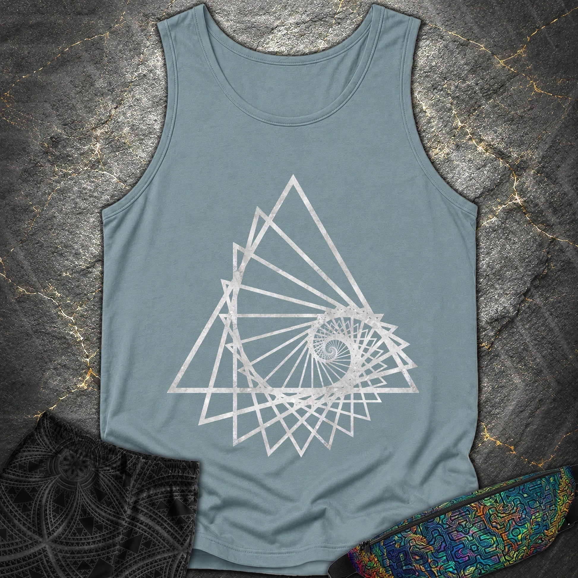 Spiralling Triangle Geometric T-Shirt - Spiralling Triangle Geometric Comfort Tank Top - Ice Blue
