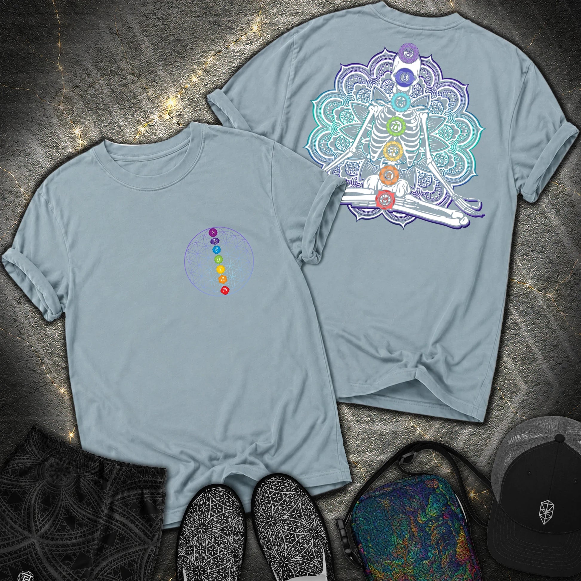 We Are One Meditating Skeleton 2 Sided T-Shirt - We Are One Meditating Skeleton 2 Sided Comfort T-Shirt - Ice Blue