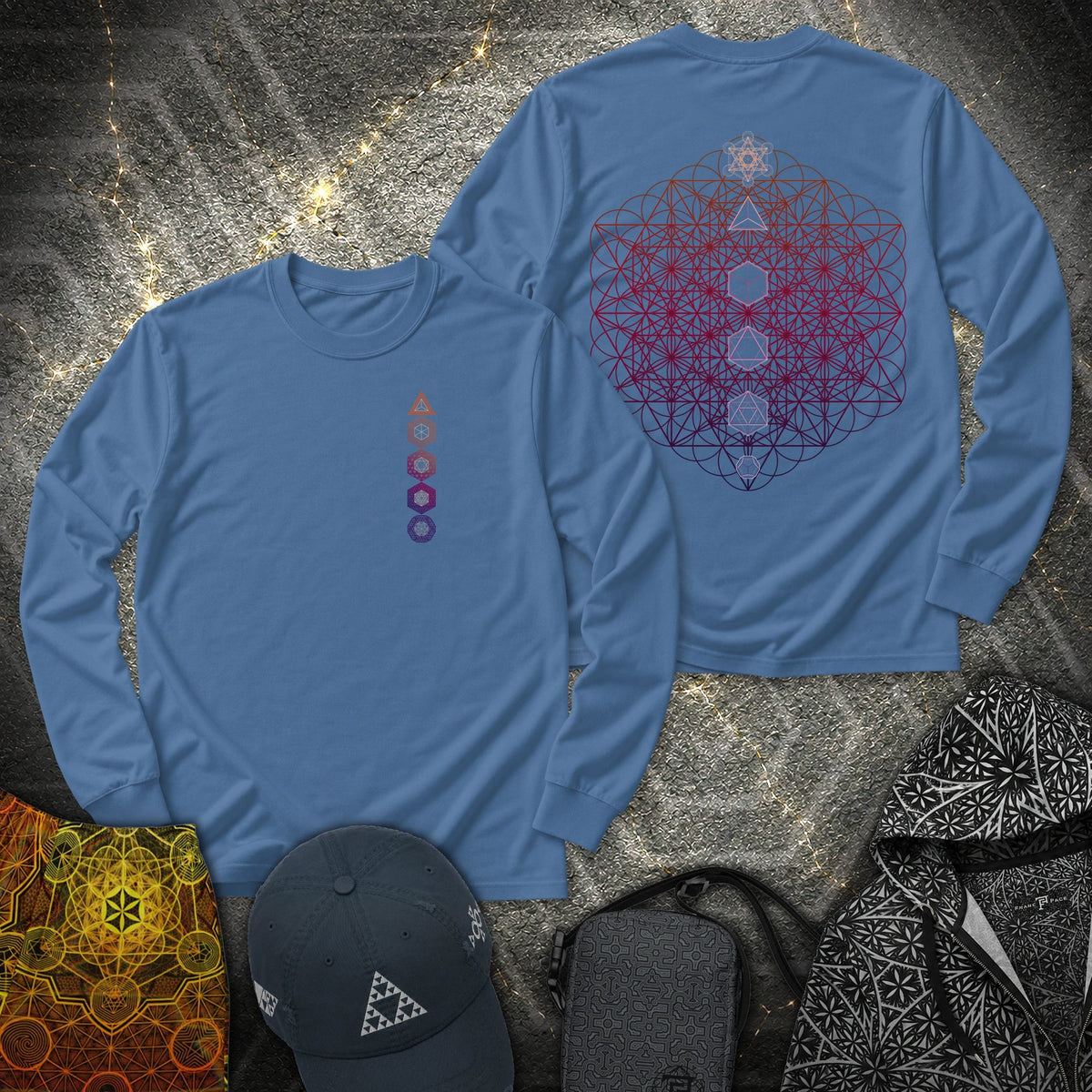 64 Tetrahedron Platonic Solids Metatron 2 Sided - 64 Tetrahedron Platonic Solids Metatron 2 Sided Long Sleeve Shirt - Indigo Blue