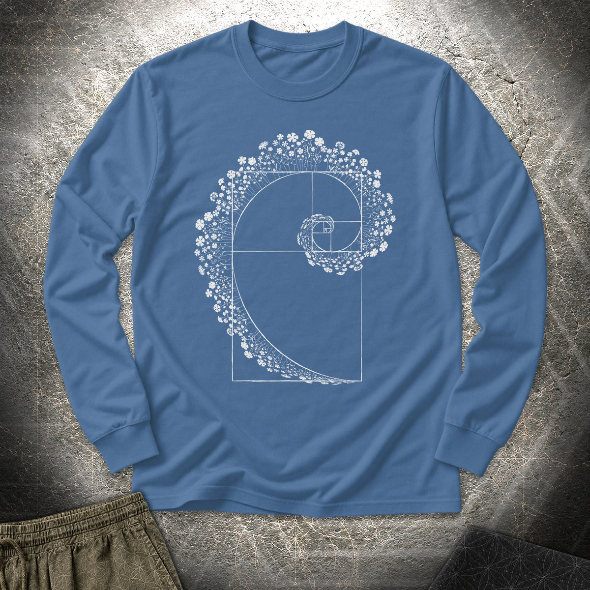 Floral Golden Ratio Spiral - Floral Golden Ratio Spiral Long Sleeve Shirt - Indigo Blue