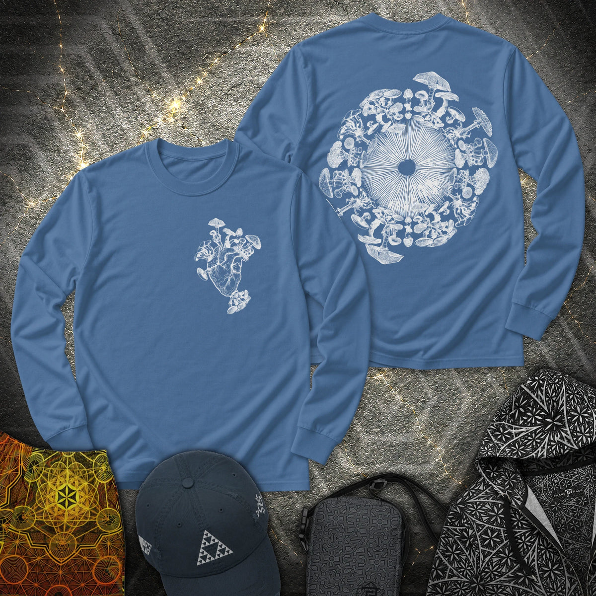 Mushroom Heart Mushroom Iris 2 Sided - Mushroom Heart Mushroom Iris 2 Sided Long Sleeve Shirt - Indigo Blue
