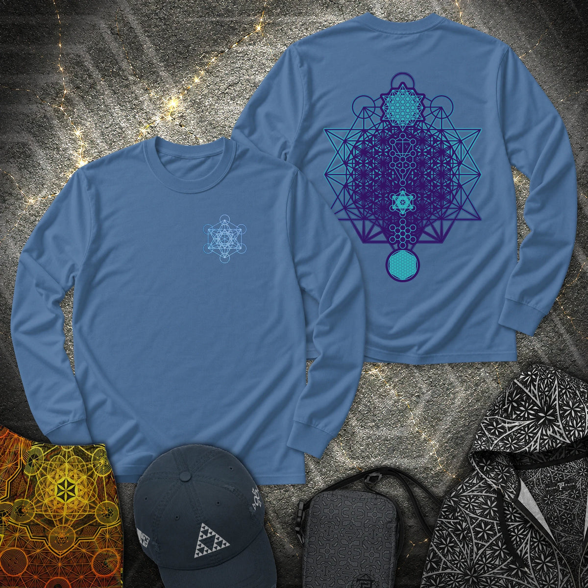 All The Sacred Geometry 2 Sided - All The Sacred Geometry 2 Sided Long Sleeve Shirt - Indigo Blue