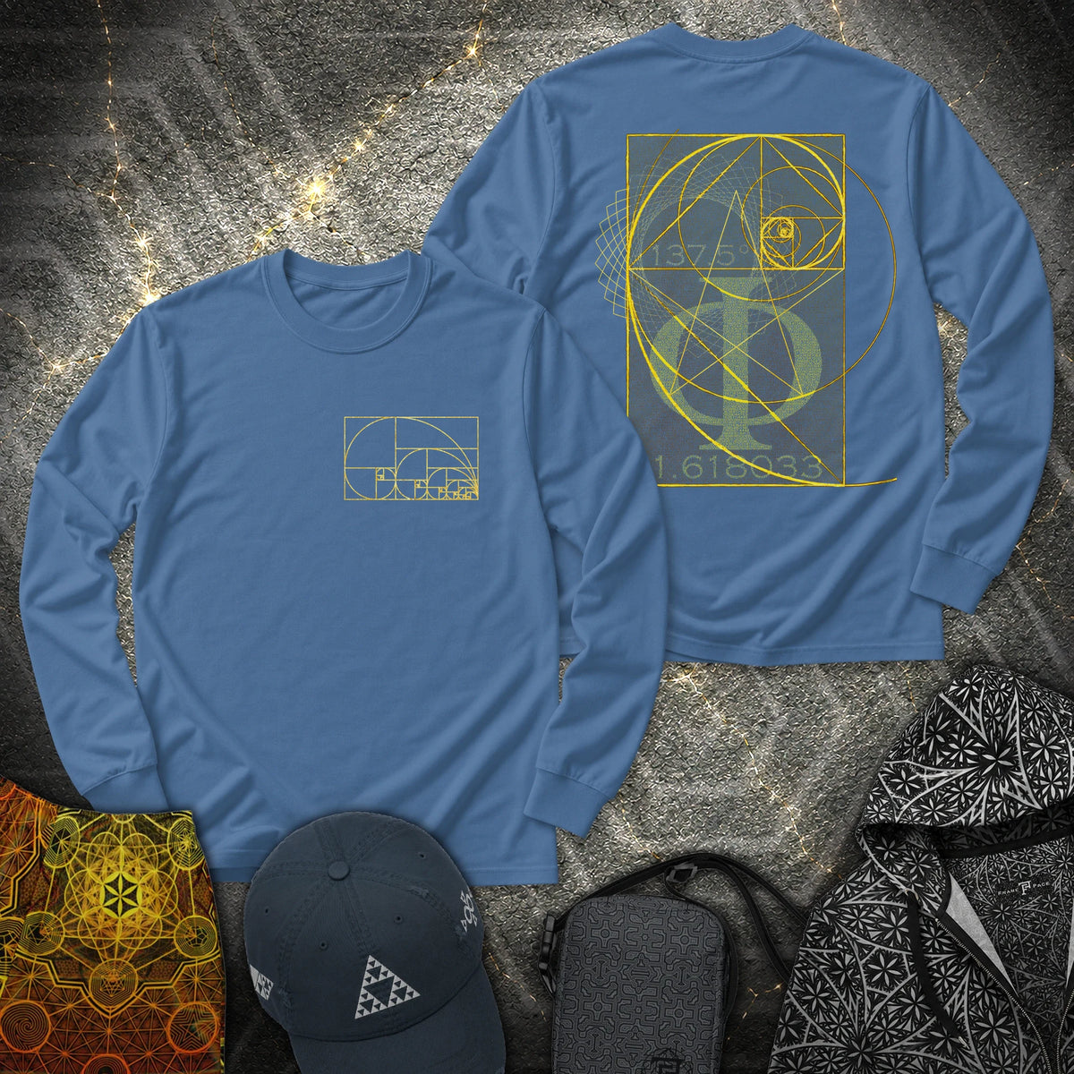 Golden Ratio Spirals 2 Sided - Golden Ratio Spirals 2 Sided Long Sleeve Shirt - Indigo Blue