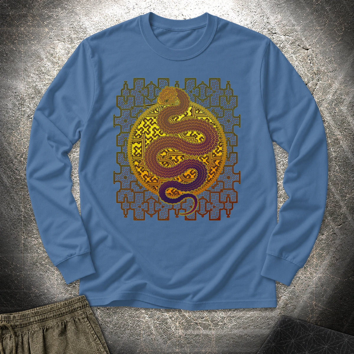 Shipibo Kene Cosmic Snake - Shipibo Kene Cosmic Snake Long Sleeve Shirt - Indigo Blue