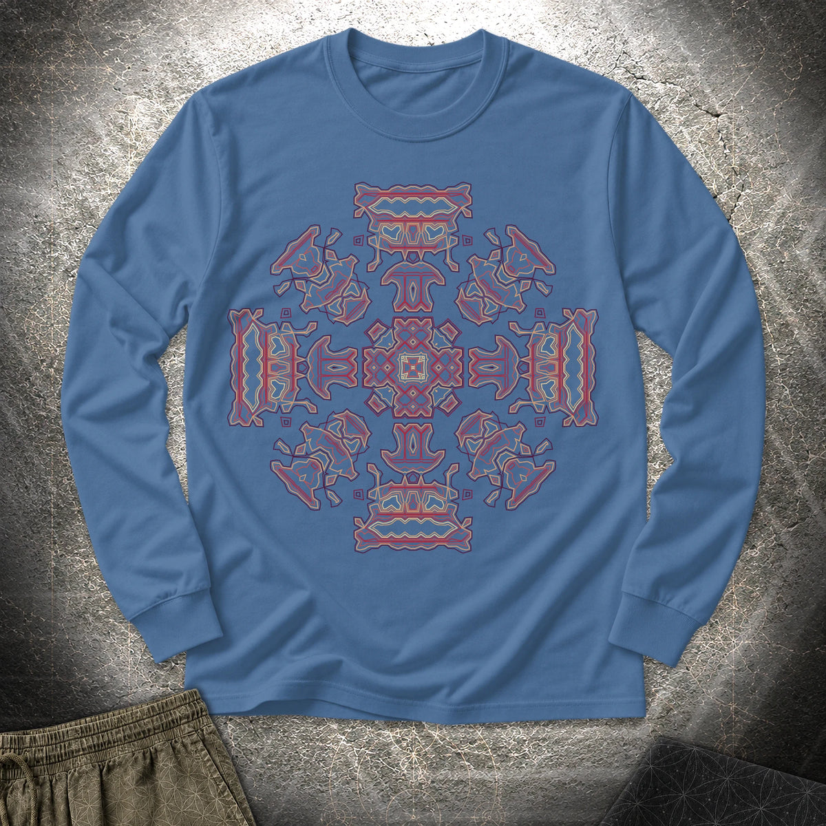 Shamanic Faces Geometric Long Sleeve Shirt - Shamanic Faces Geometric Long Sleeve Shirt - Indigo Blue