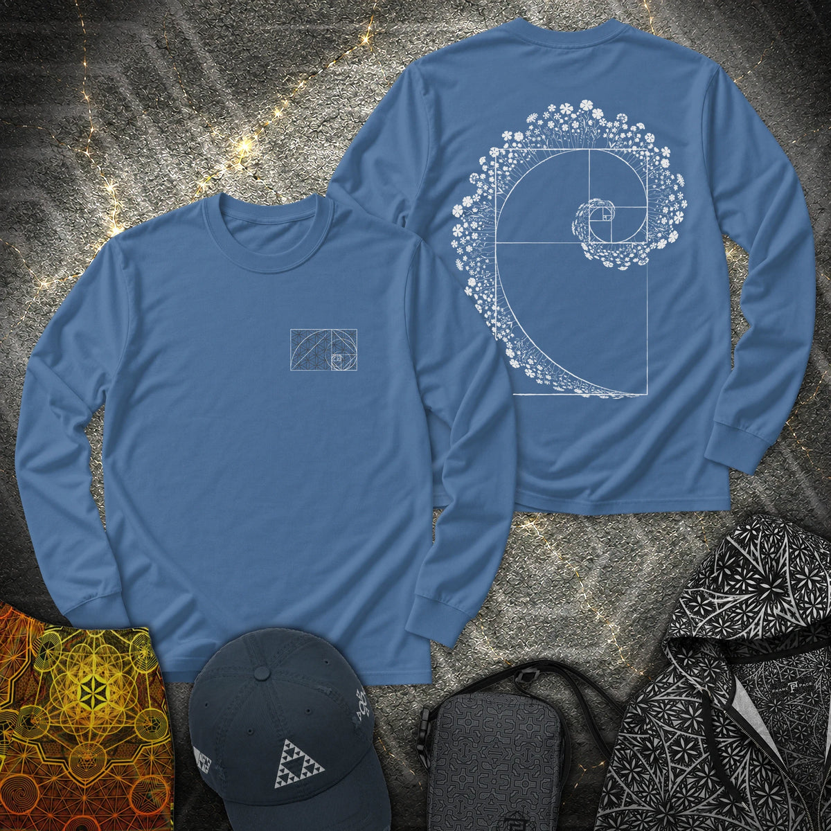 Floral Golden Ratio Spiral 2 Sided - Floral Golden Ratio Spiral 2 Sided Long Sleeve Shirt - Indigo Blue