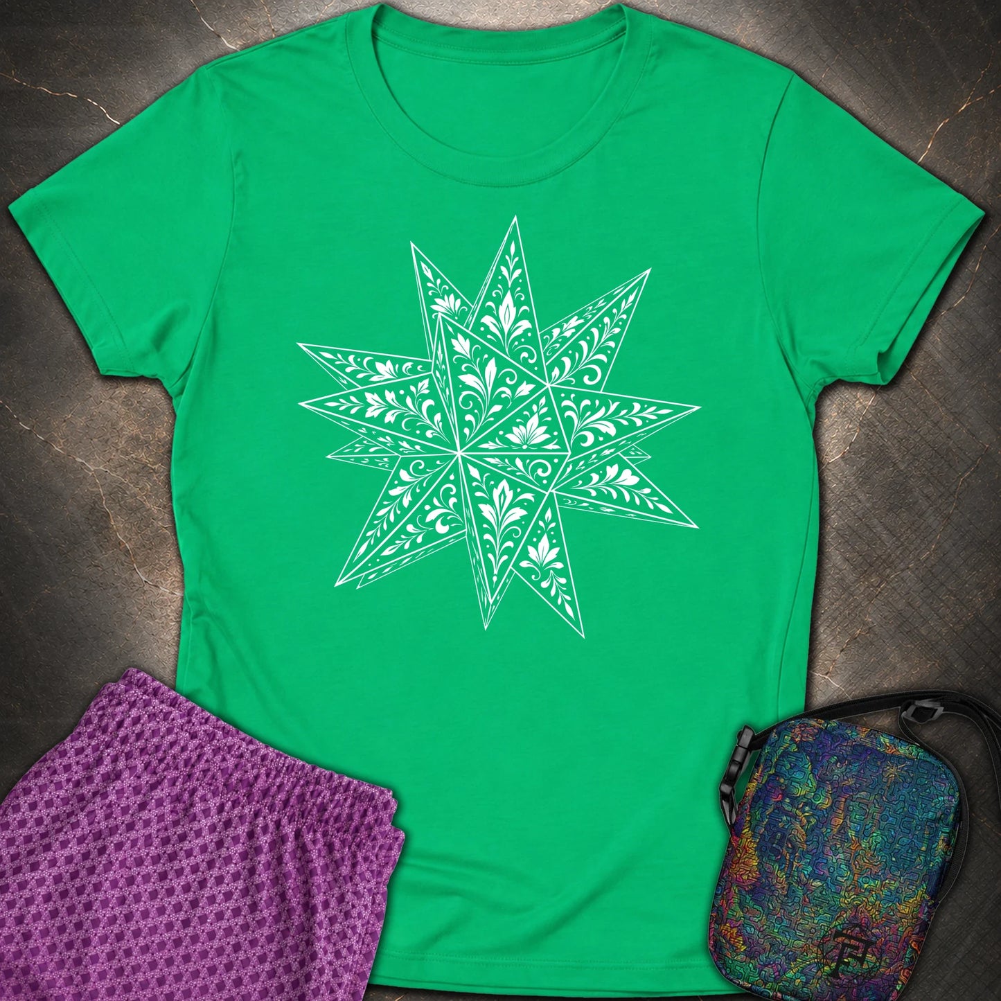 White Floral Stellated Dodecahedron - White Floral Stellated Dodecahedron Womens T-Shirt - Irish Green