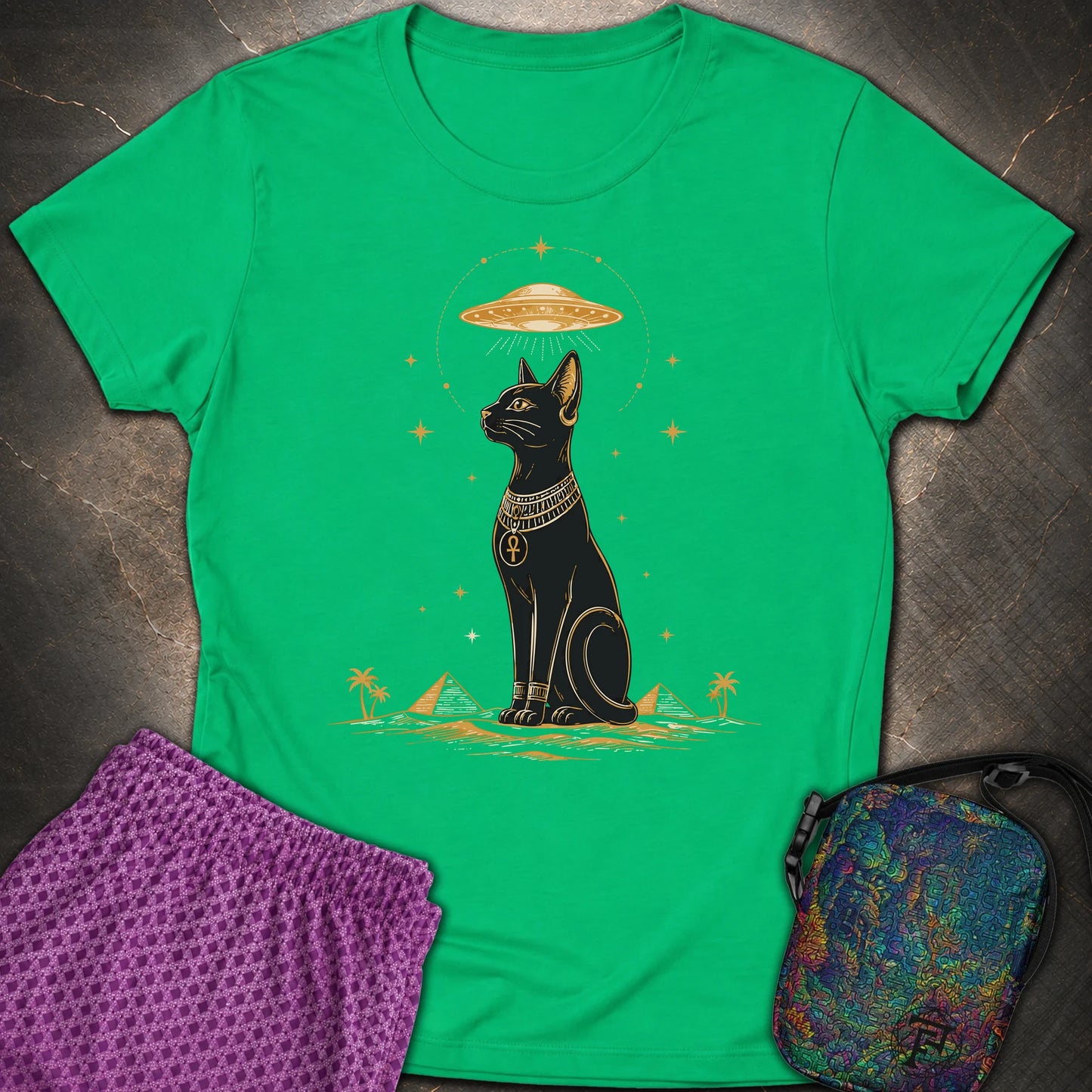 Celestial Cat Beneath the Starship - Celestial Cat Beneath the Starship Womens T-Shirt - Irish Green