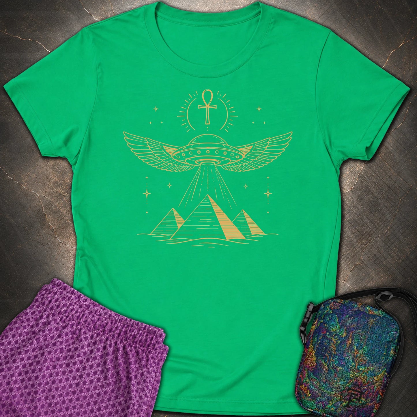 Winged Starship Over the Pyramids - Winged Starship Over the Pyramids Womens T-Shirt - Irish Green
