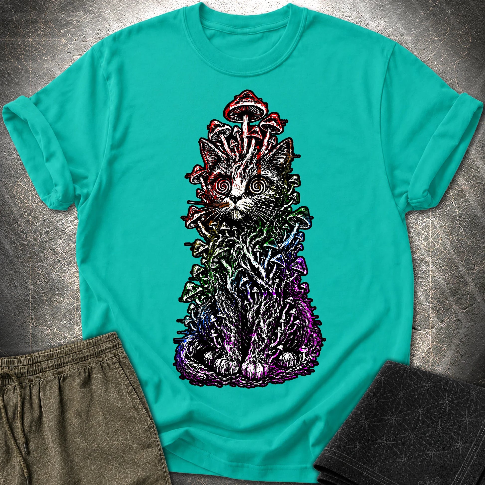 Trippy Mushroom Cat T-Shirt - Trippy Mushroom Cat T-Shirt - Jade Dome