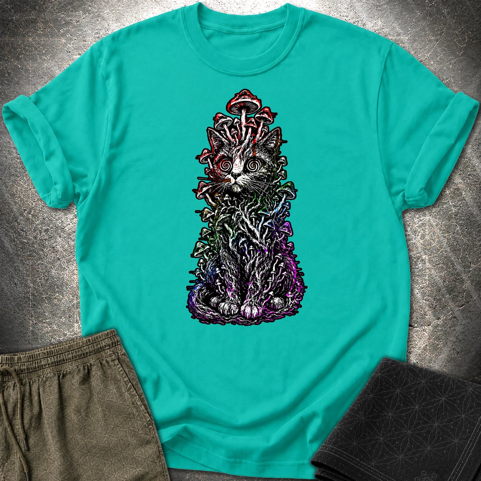 Trippy Mushroom Cat T-Shirt - Trippy Mushroom Cat T-Shirt - Jade Dome