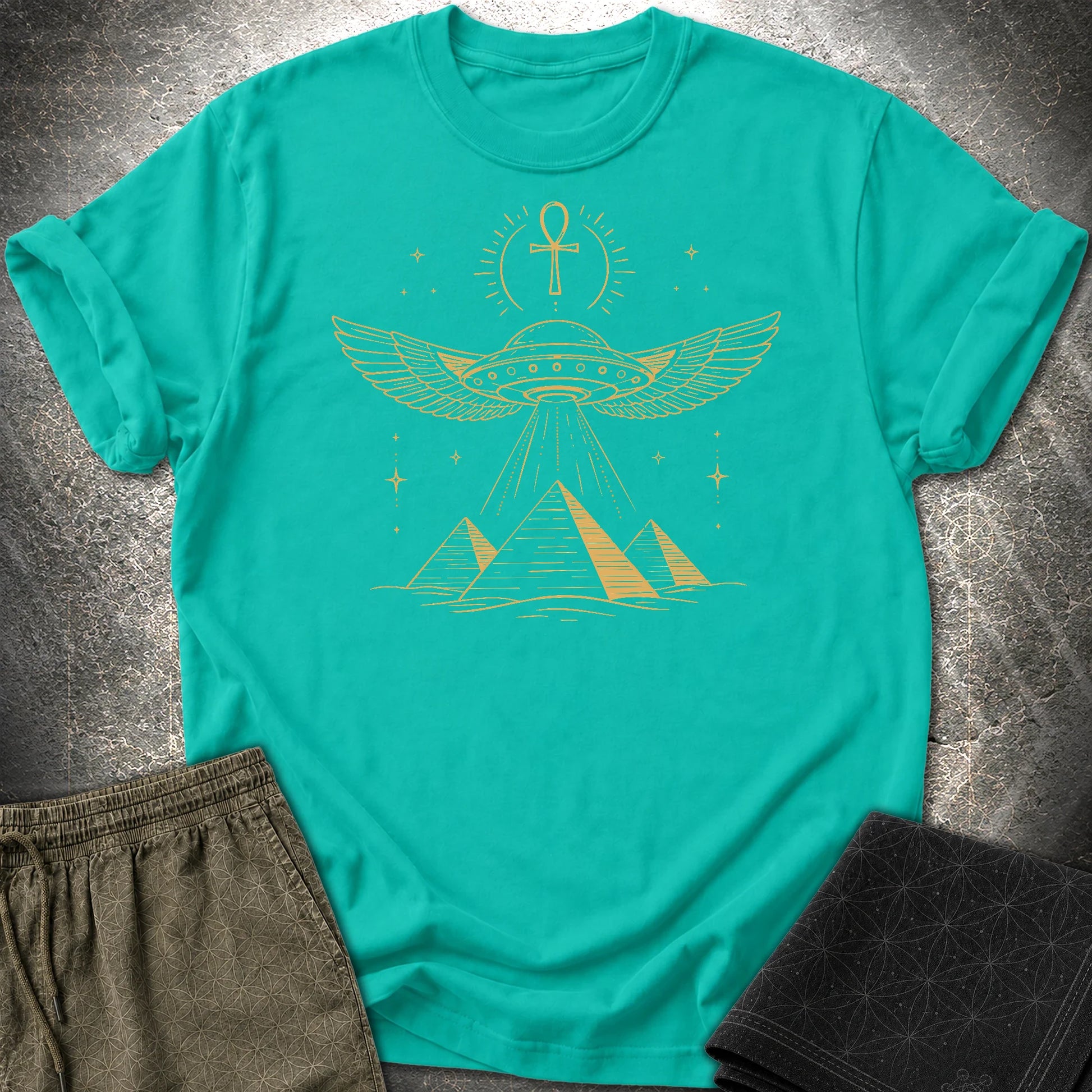 Winged Starship Over the Pyramids - Winged Starship Over the Pyramids T-Shirt - Jade Dome