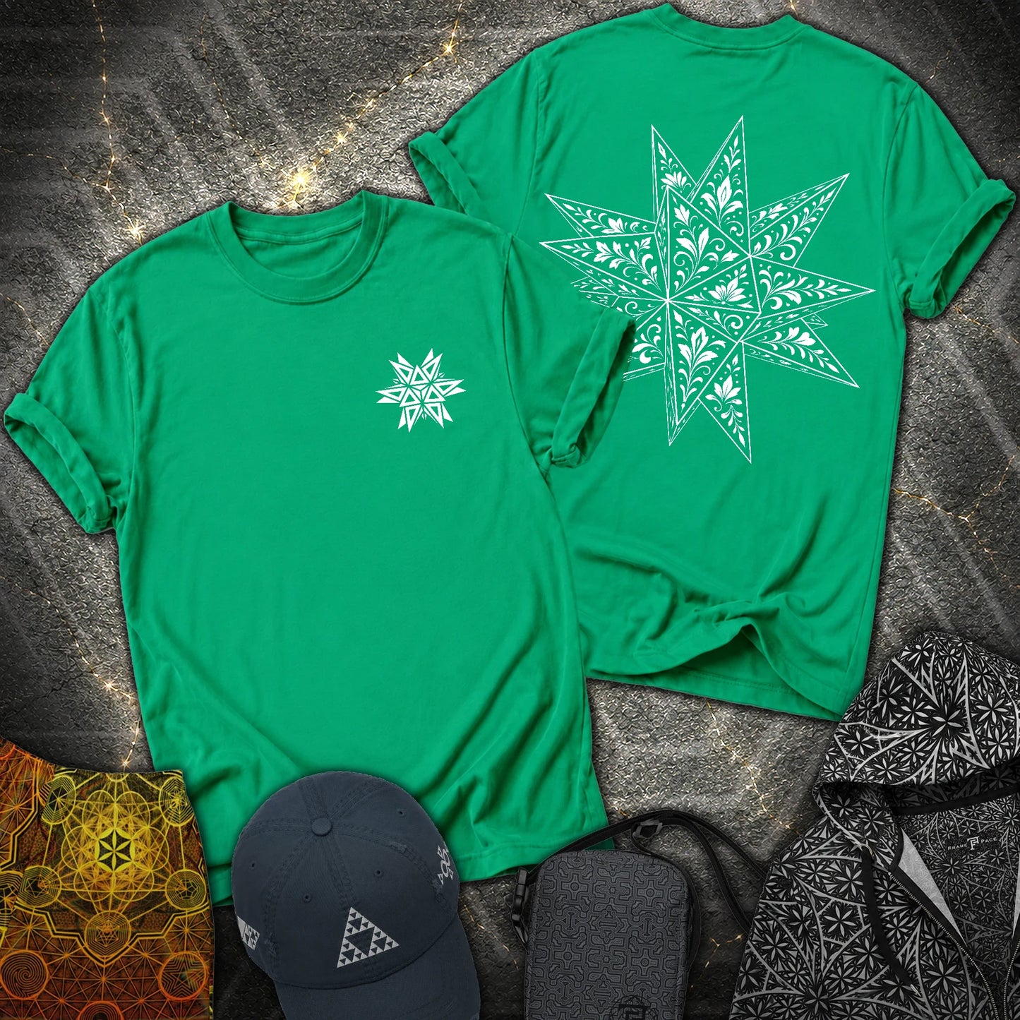 White Floral Stellated Dodecahedron 2 Sided T-Shirt - White Floral Stellated Dodecahedron 2 Sided T-Shirt - Kelly Green