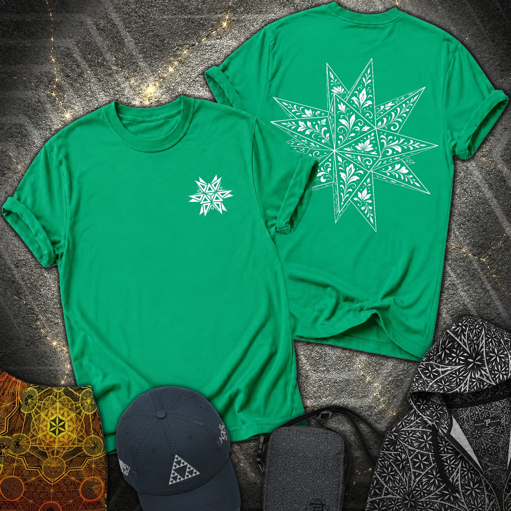 White Floral Stellated Dodecahedron 2 Sided T-Shirt - White Floral Stellated Dodecahedron 2 Sided T-Shirt - Kelly Green