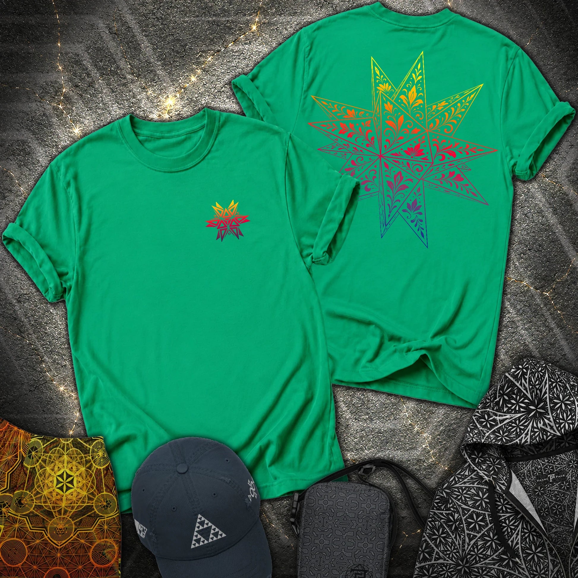 Colorful Stellated Dodecahedron 2 Sided T-Shirt - Colorful Stellated Dodecahedron 2 Sided T-Shirt - Kelly Green