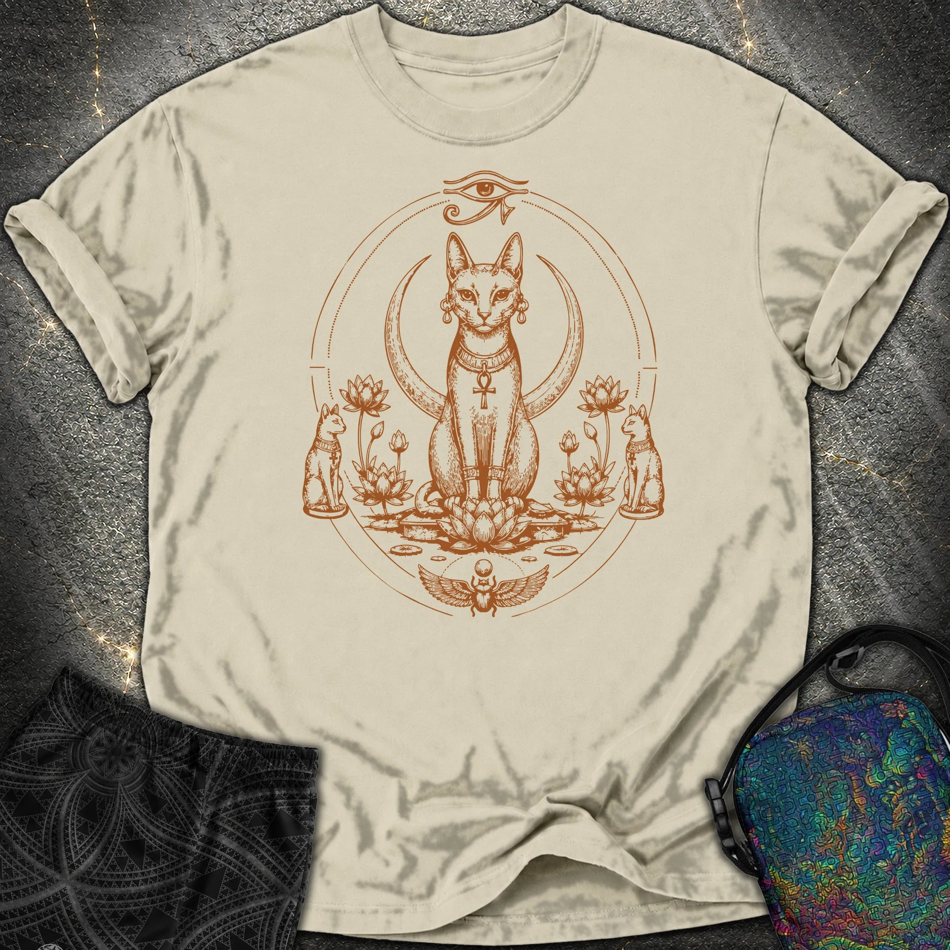 Sacred Cat Among Lotus Blooms - Sacred Cat Among Lotus Blooms Comfort T-Shirt - Khaki