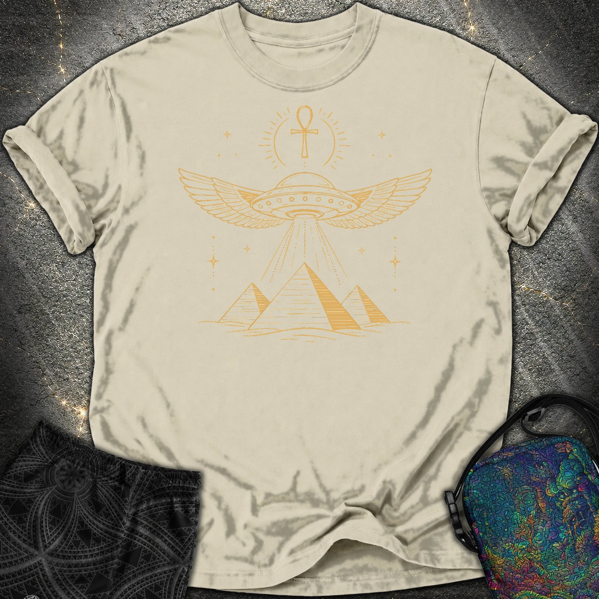 Winged Starship Over the Pyramids - Winged Starship Over the Pyramids Comfort T-Shirt - Khaki