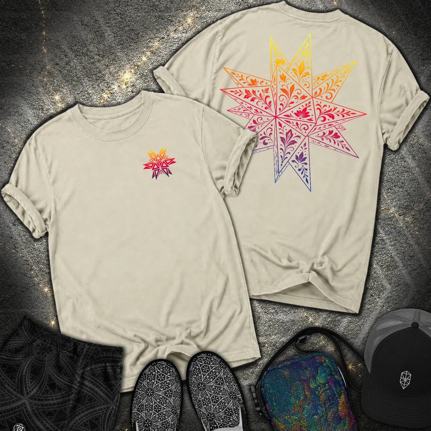 Colorful Stellated Dodecahedron 2 Sided Comfort T-Shirt - Colorful Stellated Dodecahedron 2 Sided Comfort T-Shirt - Khaki