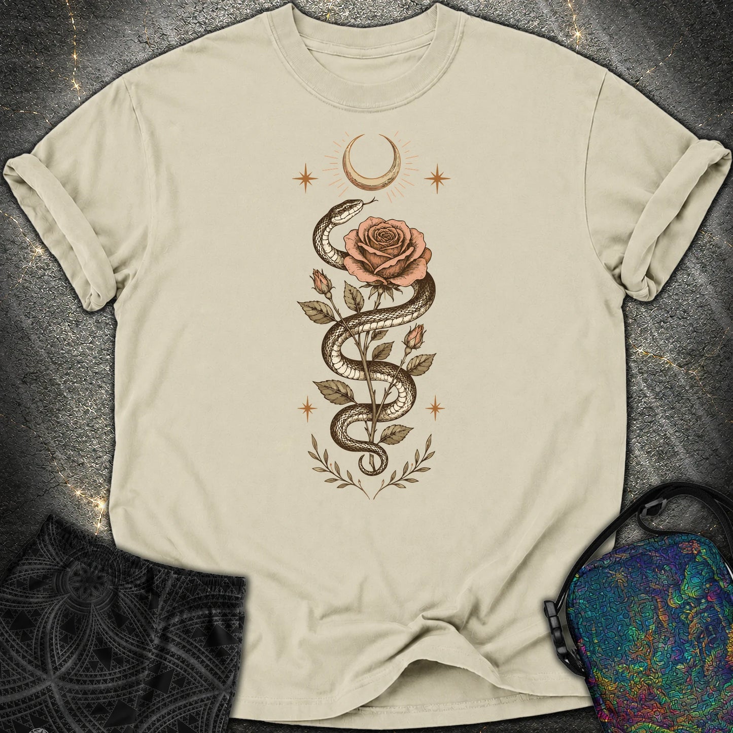 Snake Rose Moon - Snake Rose Moon Comfort T-Shirt - Khaki
