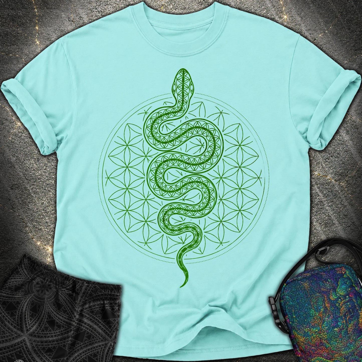 Flower of Life Serpent Comfort T-Shirt - Flower of Life Serpent Comfort T-Shirt - Lagoon Blue