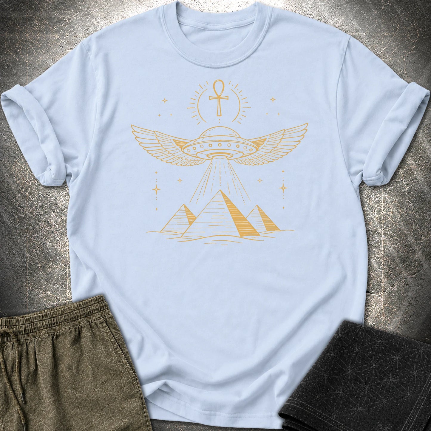 Winged Starship Over the Pyramids - Winged Starship Over the Pyramids T-Shirt - Light Blue