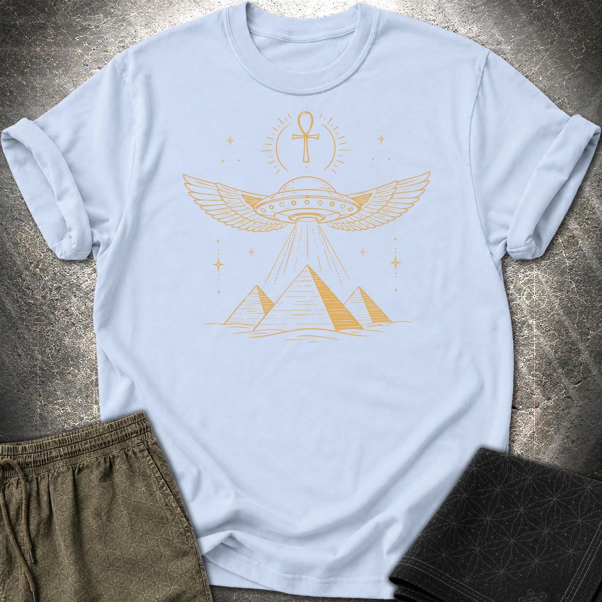 Winged Starship Over the Pyramids - Winged Starship Over the Pyramids T-Shirt - Light Blue