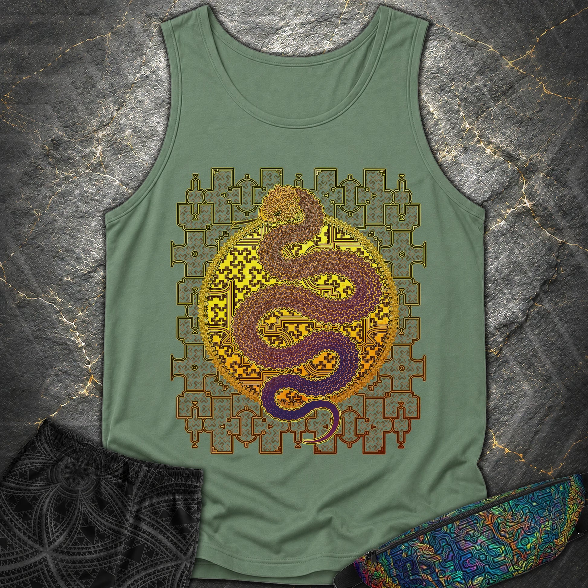 Shipibo Kene Cosmic Snake - Shipibo Kene Cosmic Snake Tank Top - Light Green