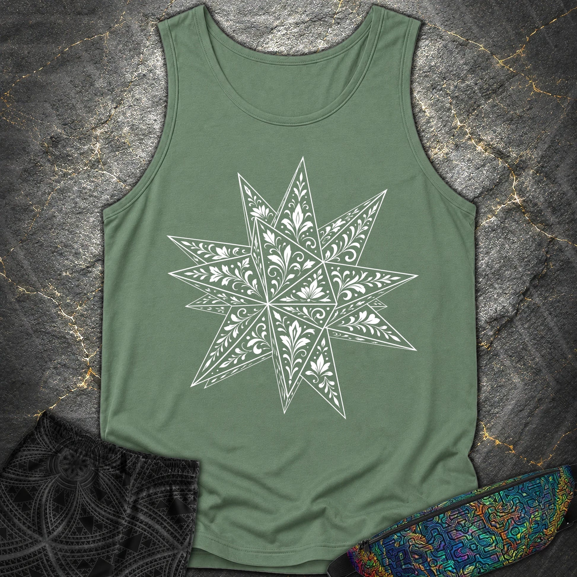 White Floral Stellated Dodecahedron - White Floral Stellated Dodecahedron Comfort Tank Top - Light Green