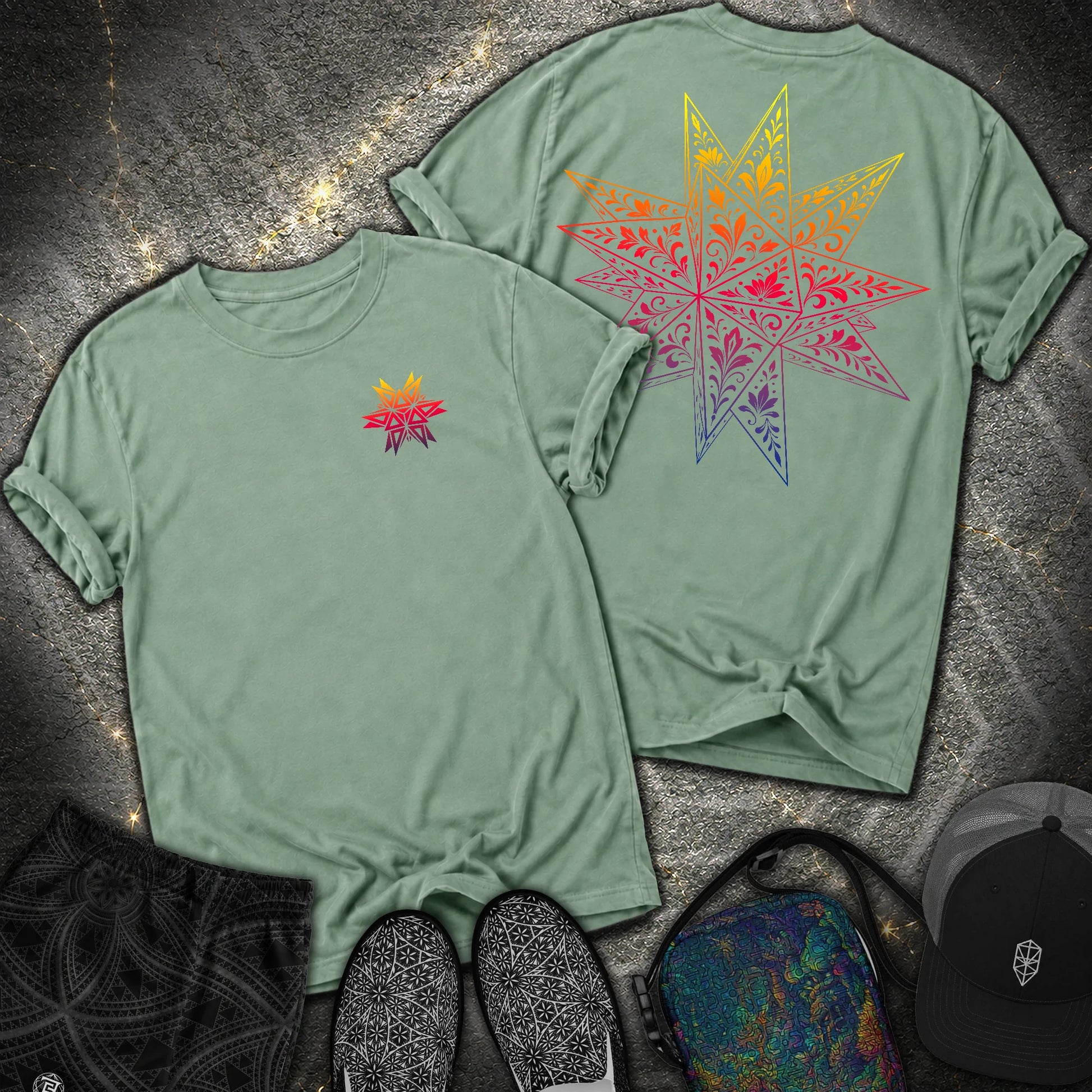 Colorful Stellated Dodecahedron 2 Sided Comfort T-Shirt - Colorful Stellated Dodecahedron 2 Sided Comfort T-Shirt - Light Green
