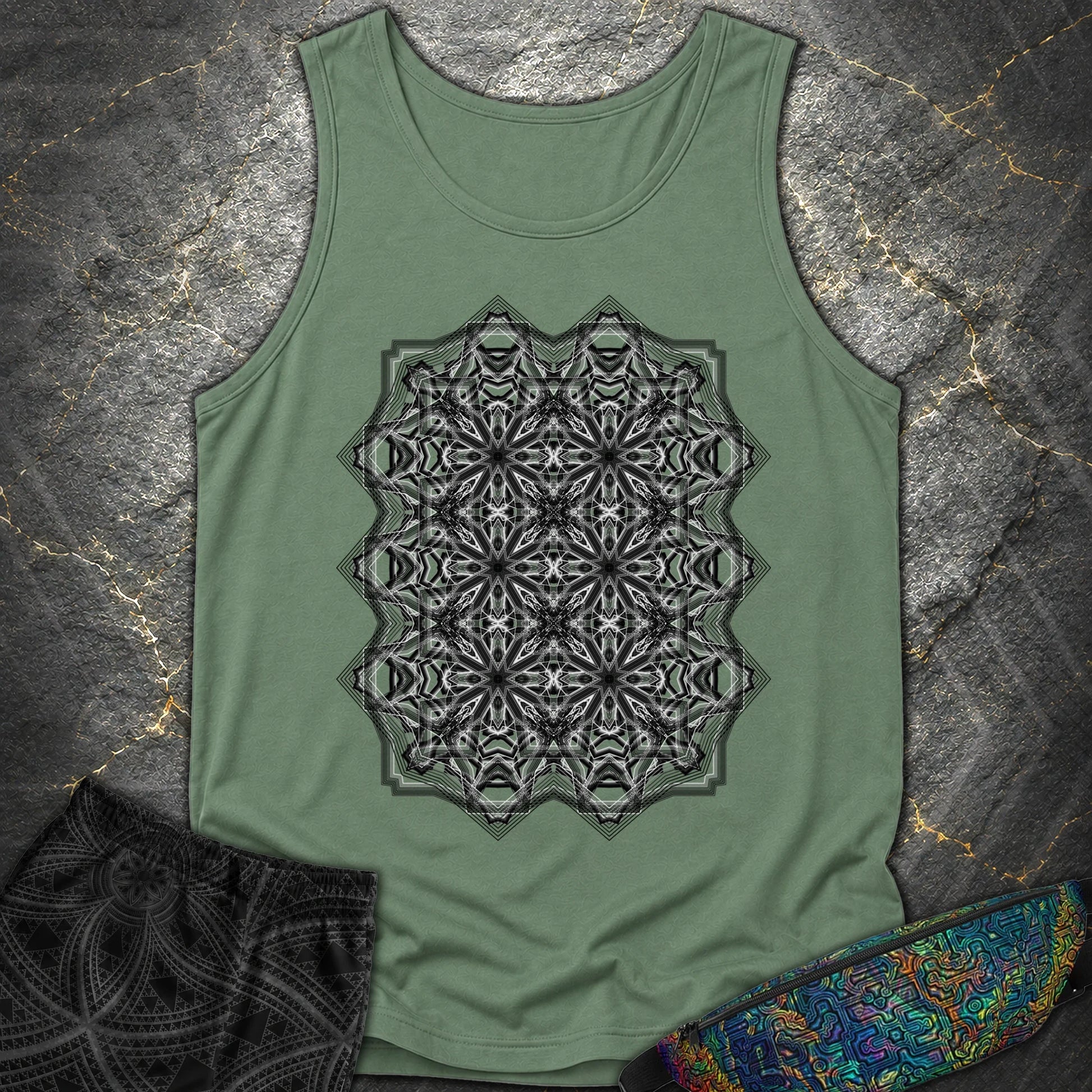 Monochrome Geometric Nexus - Monochrome Geometric Nexus Comfort Tank Top - Light Green