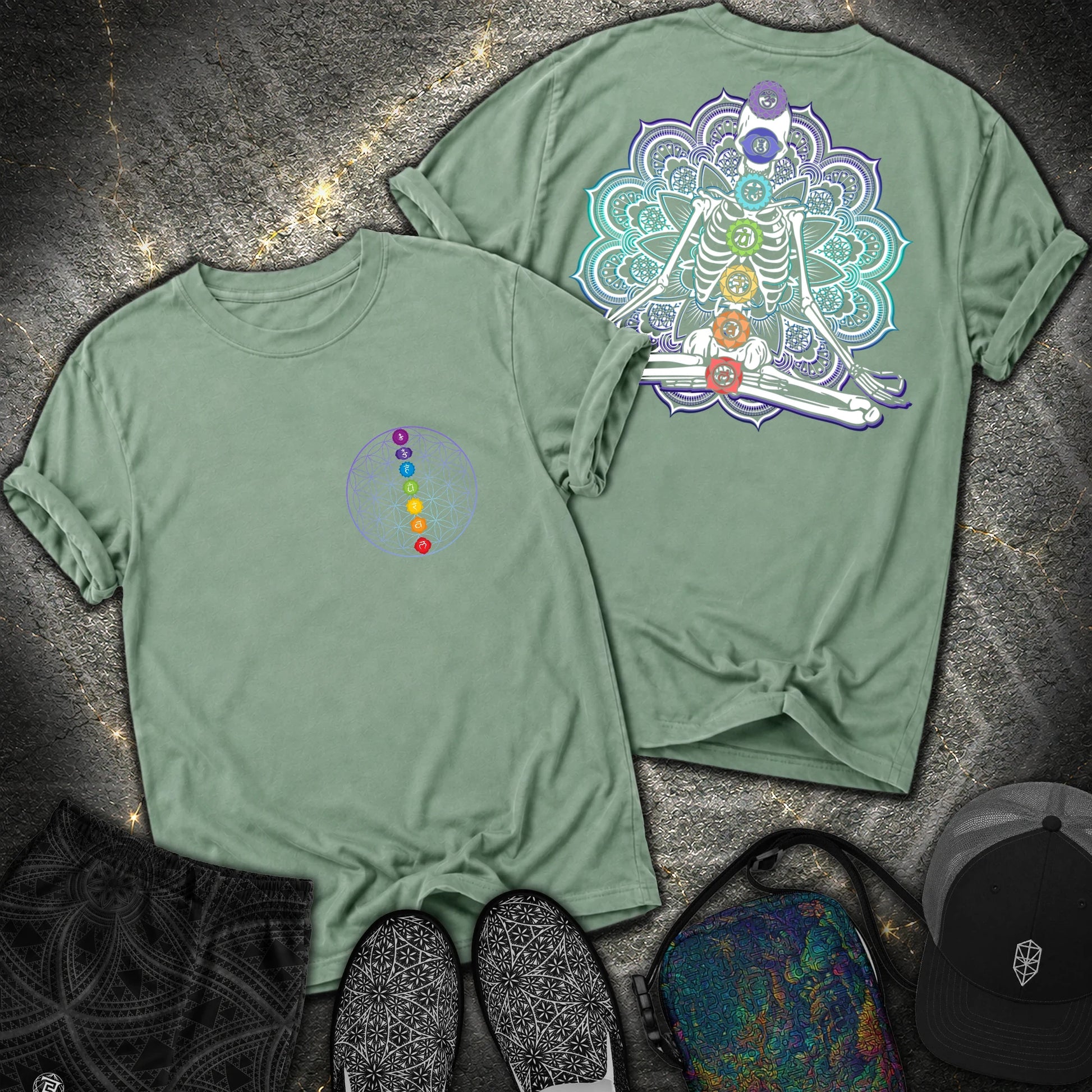 We Are One Meditating Skeleton 2 Sided T-Shirt - We Are One Meditating Skeleton 2 Sided Comfort T-Shirt - Light Green