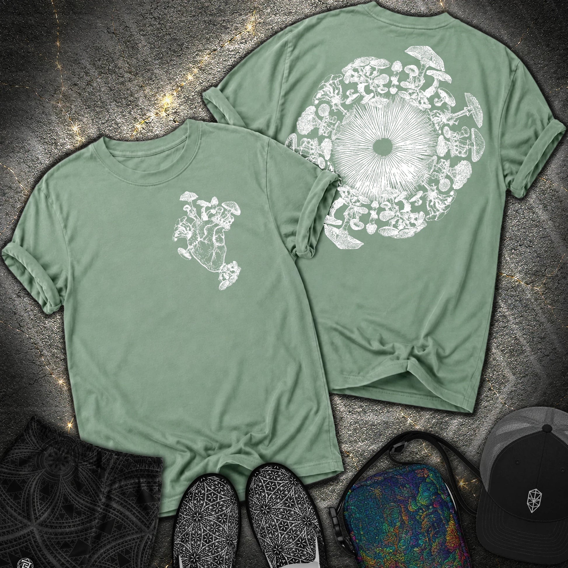 Mushroom Heart Mushroom Iris 2 Sided Comfort T-Shirt - Mushroom Heart Mushroom Iris 2 Sided Comfort T-Shirt - Light Green