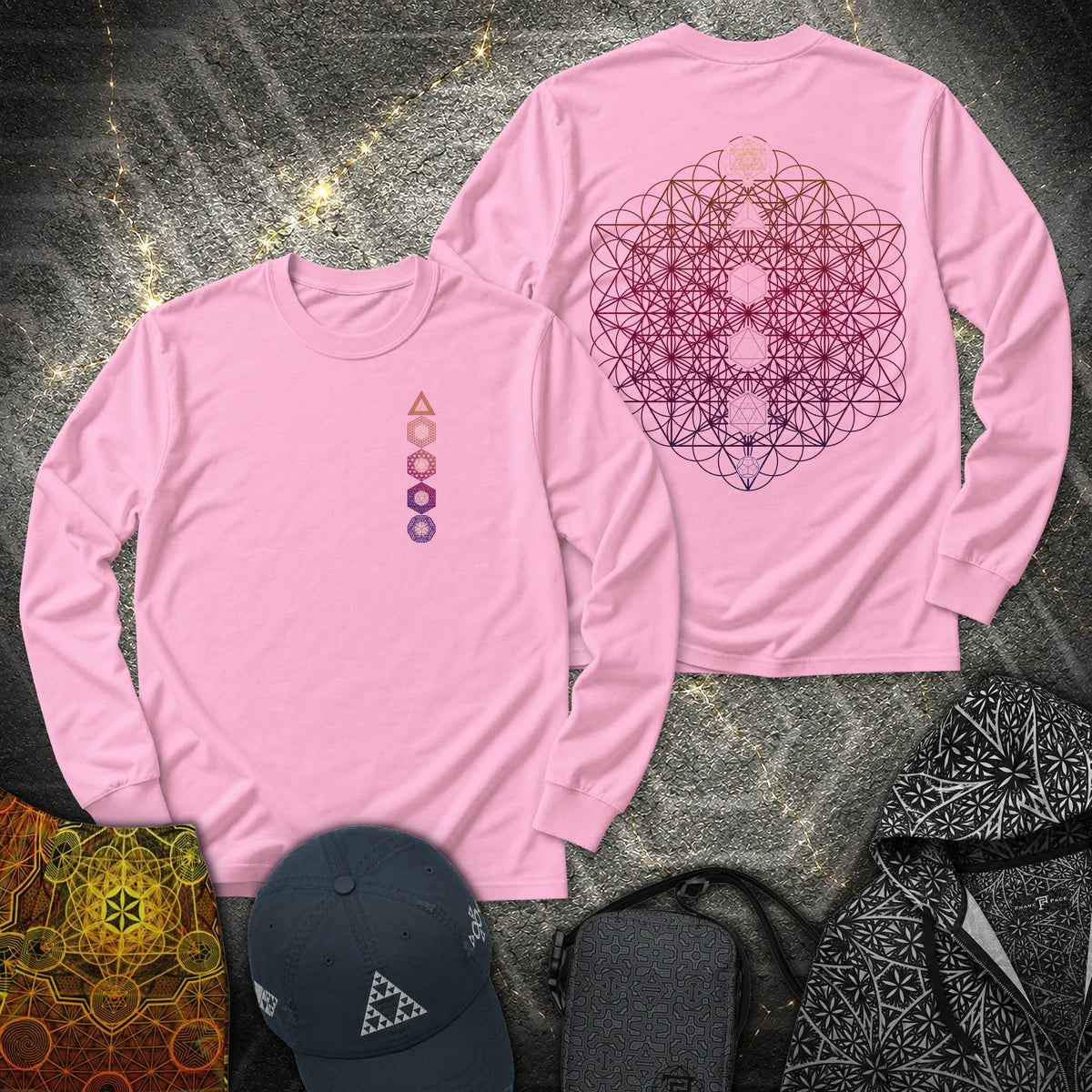 64 Tetrahedron Platonic Solids Metatron 2 Sided - 64 Tetrahedron Platonic Solids Metatron 2 Sided Long Sleeve Shirt - Light Pink