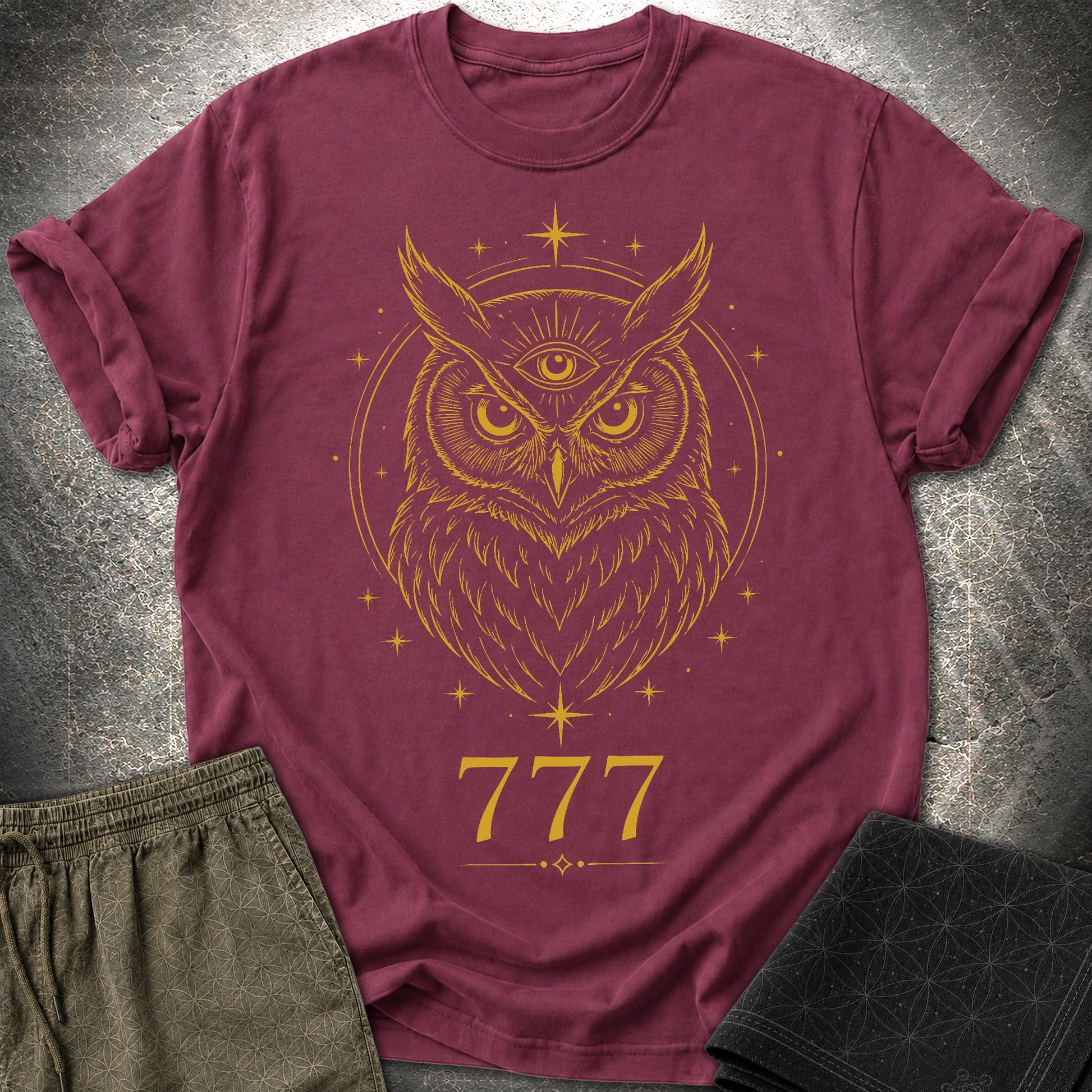 777 Mystic Owl T-Shirt - 777 Mystic Owl T-Shirt - Maroon