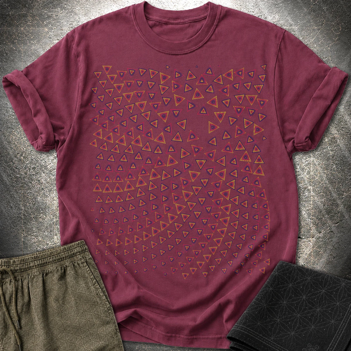 Psychedelic Triangle Optical Illusion Geometric Pattern T-Shirt - Psychedelic Triangle Optical Illusion Geometric Pattern T-Shirt - Maroon