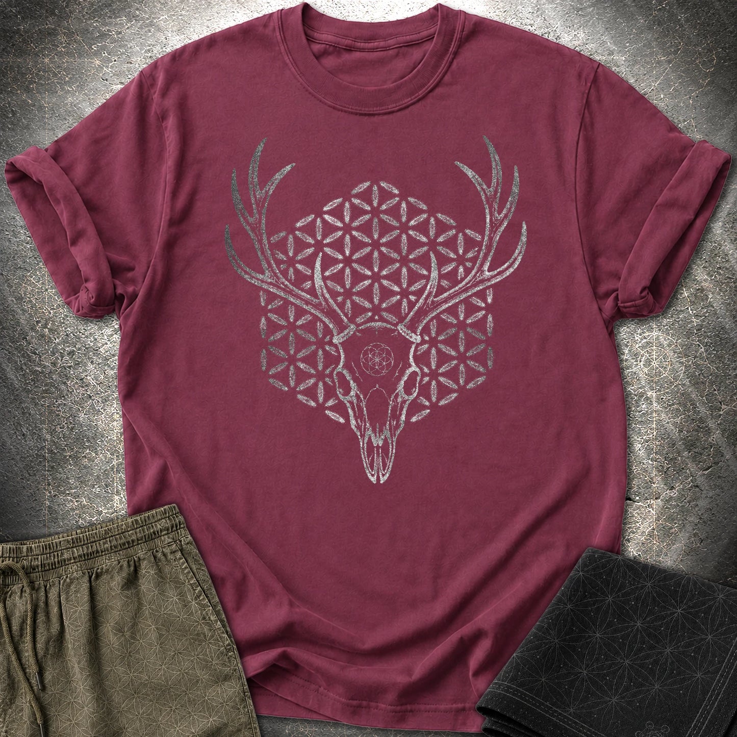 Deer Skull Sacred Geometry Shirt, Antler Flower of Life Tee, Gothic Nature Graphic, Mystic Stag Skull T-Shirt - Deer Skull Sacred Geometry Shirt, Antler Flower of Life Tee, Gothic Nature Graphic, Mystic Stag Skull T-Shirt - Maroon