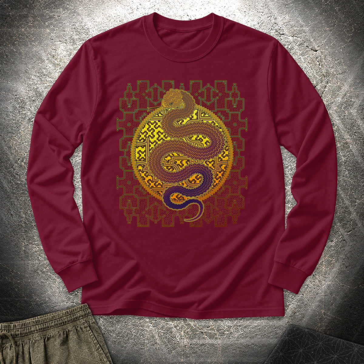 Shipibo Kene Cosmic Snake - Shipibo Kene Cosmic Snake Long Sleeve Shirt - Maroon