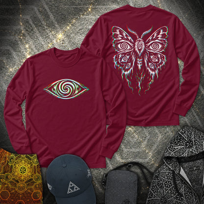 Hypnotic Eye Moth 2 Sided - Hypnotic Eye Moth 2 Sided Long Sleeve Shirt - Maroon