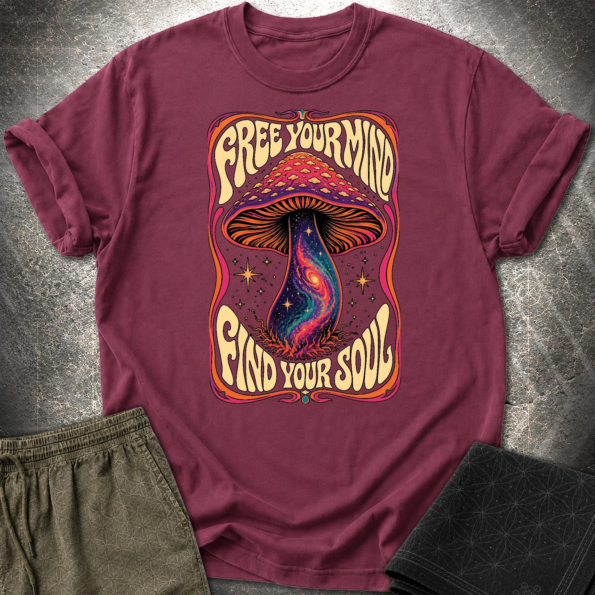 Free Your Mind Mushroom T-Shirt - Free Your Mind Mushroom T-Shirt - Maroon