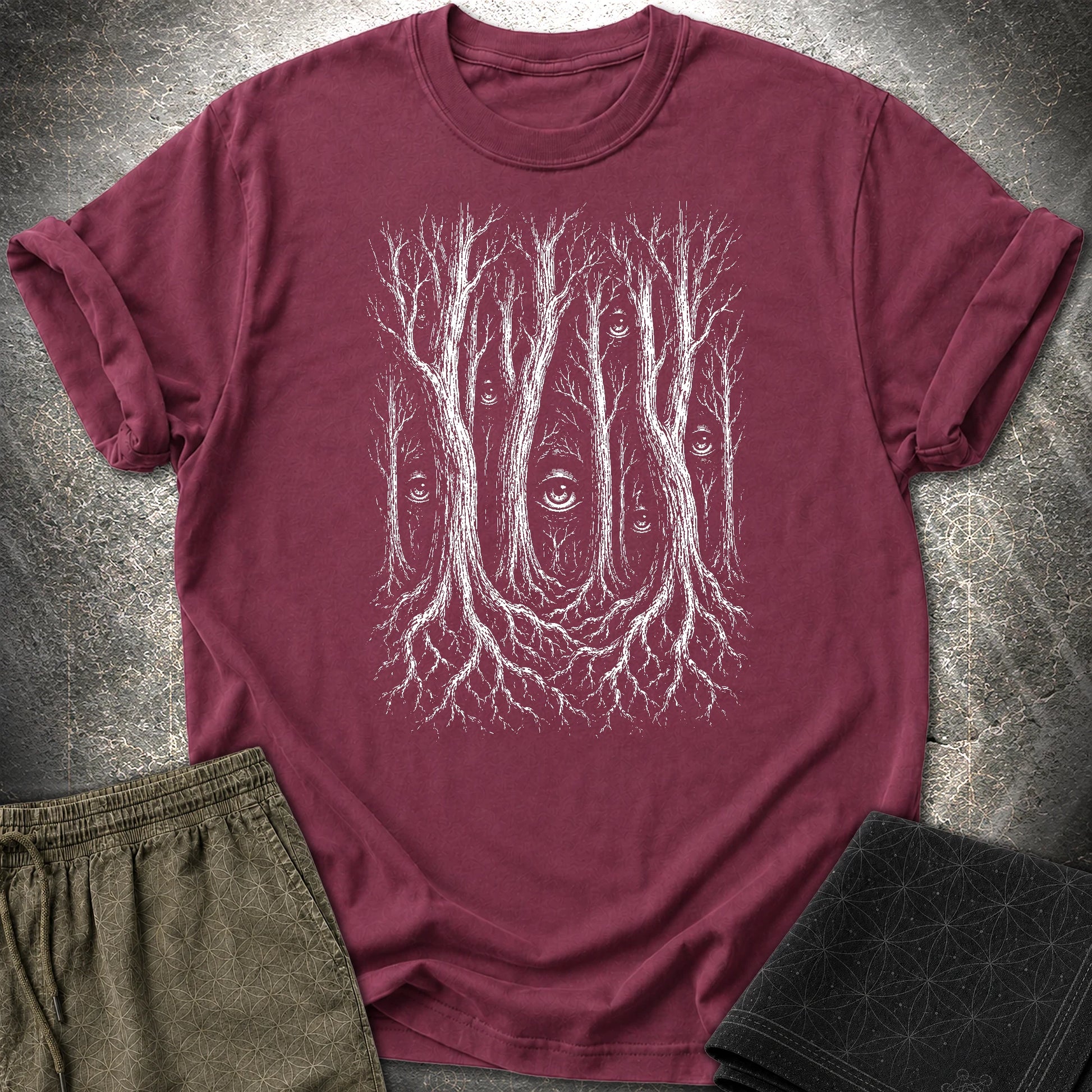 Forest Consciousness Watching T-Shirt - Forest Consciousness Watching T-Shirt - Maroon
